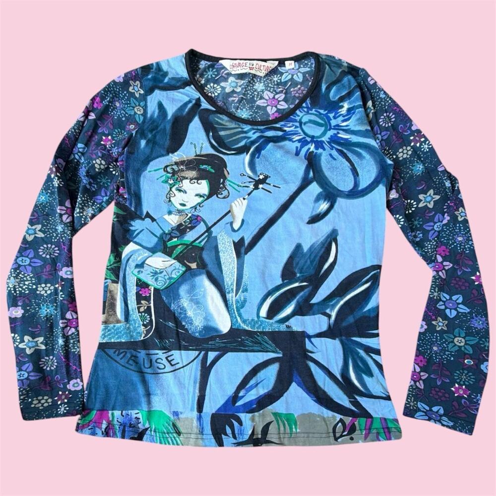 Y2K Savage Culture long sleeve top with blue and purple floral print